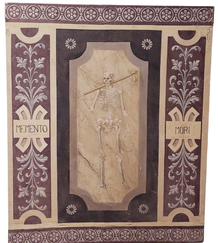 Memento Mori Scheletro grande dipinto a tempera su tela XVIII secolo .Italia