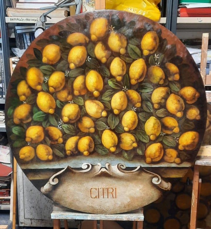 Dipinto olio su tela, limoni ,stile XVII secolo , pittore italiano -diametro 100 cm-photo-2