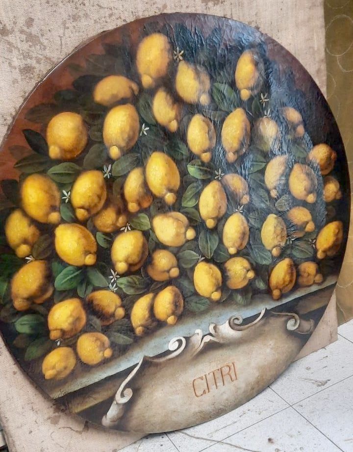 Dipinto olio su tela, limoni ,stile XVII secolo , pittore italiano -diametro 100 cm-photo-3