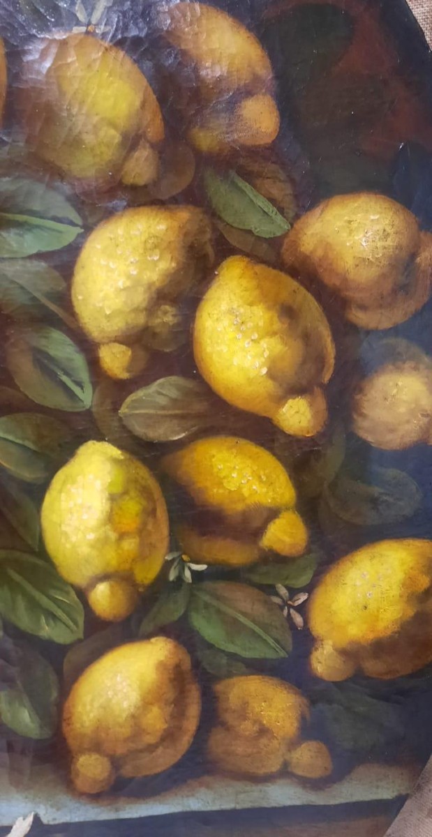 Dipinto olio su tela, limoni ,stile XVII secolo , pittore italiano -diametro 100 cm-photo-4