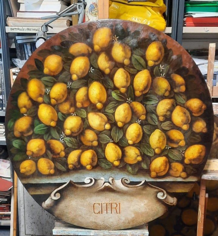 Dipinto olio su tela, limoni ,stile XVII secolo , pittore italiano -diametro 100 cm-photo-8