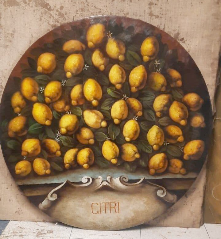 Dipinto olio su tela, limoni ,stile XVII secolo , pittore italiano -diametro 100 cm