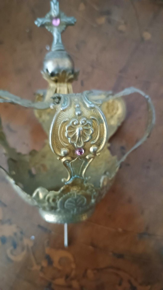 Grande Corona in ottone dorato - per statue - con pietre, XI X SECOLO-photo-3