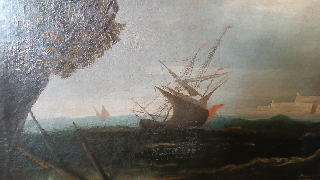 Dipinto olio su tela Fine XVII secolo -scuola fiamminga- Navi in tempesta-photo-1