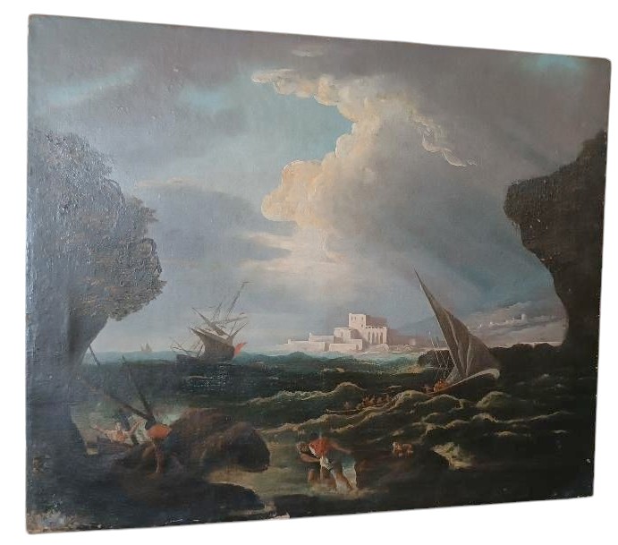 Dipinto olio su tela Fine XVII secolo -scuola fiamminga- Navi in tempesta