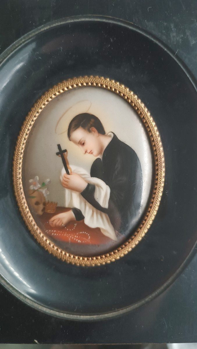 Miniatura antica in porcellana dipinta di San Luigi Gonzaga - Teschio di gigli-photo-2