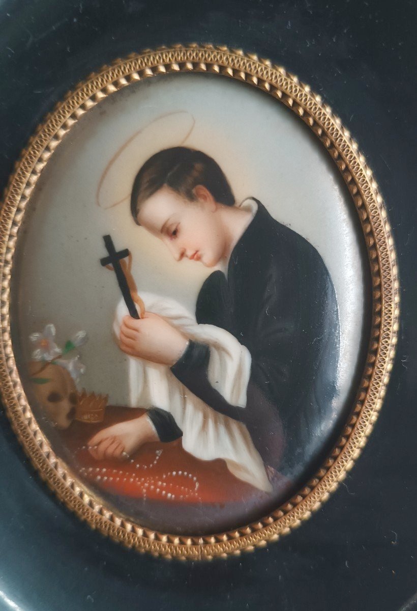 Miniatura antica in porcellana dipinta di San Luigi Gonzaga - Teschio di gigli-photo-3