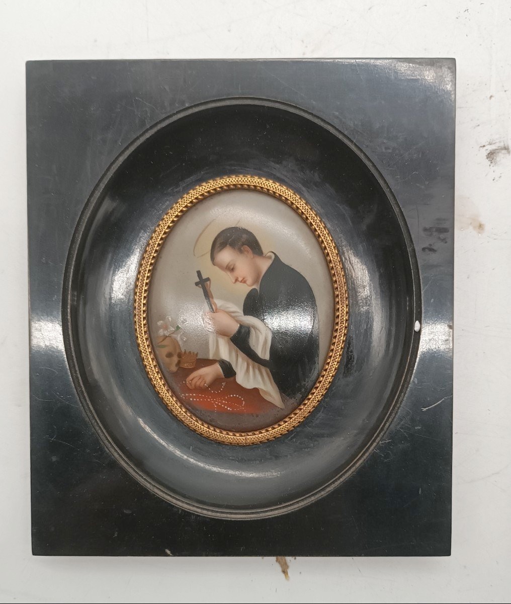Miniatura antica in porcellana dipinta di San Luigi Gonzaga - Teschio di gigli