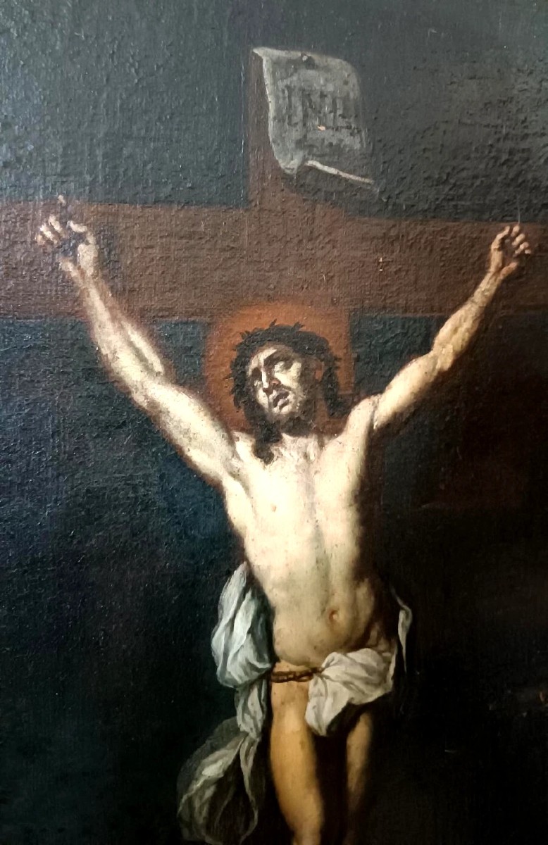 Dipinto antico olio su tela ,cristo crocifisso ,XVII secolo italia-photo-4