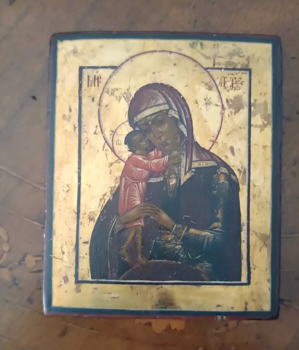Antica Icona russa-fondo oro  vergine alla ricerca delle anime perdute