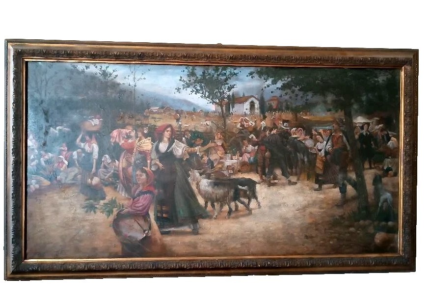 Grande olio su tela primi 900 raffigurante festa paesana del sud italia-