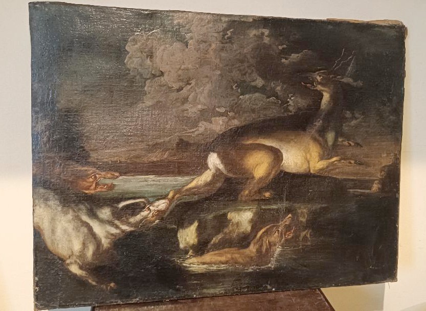 Scena Di Caccia - Dipinto Antico XVII Secolo Scuola Fiamminga -photo-2