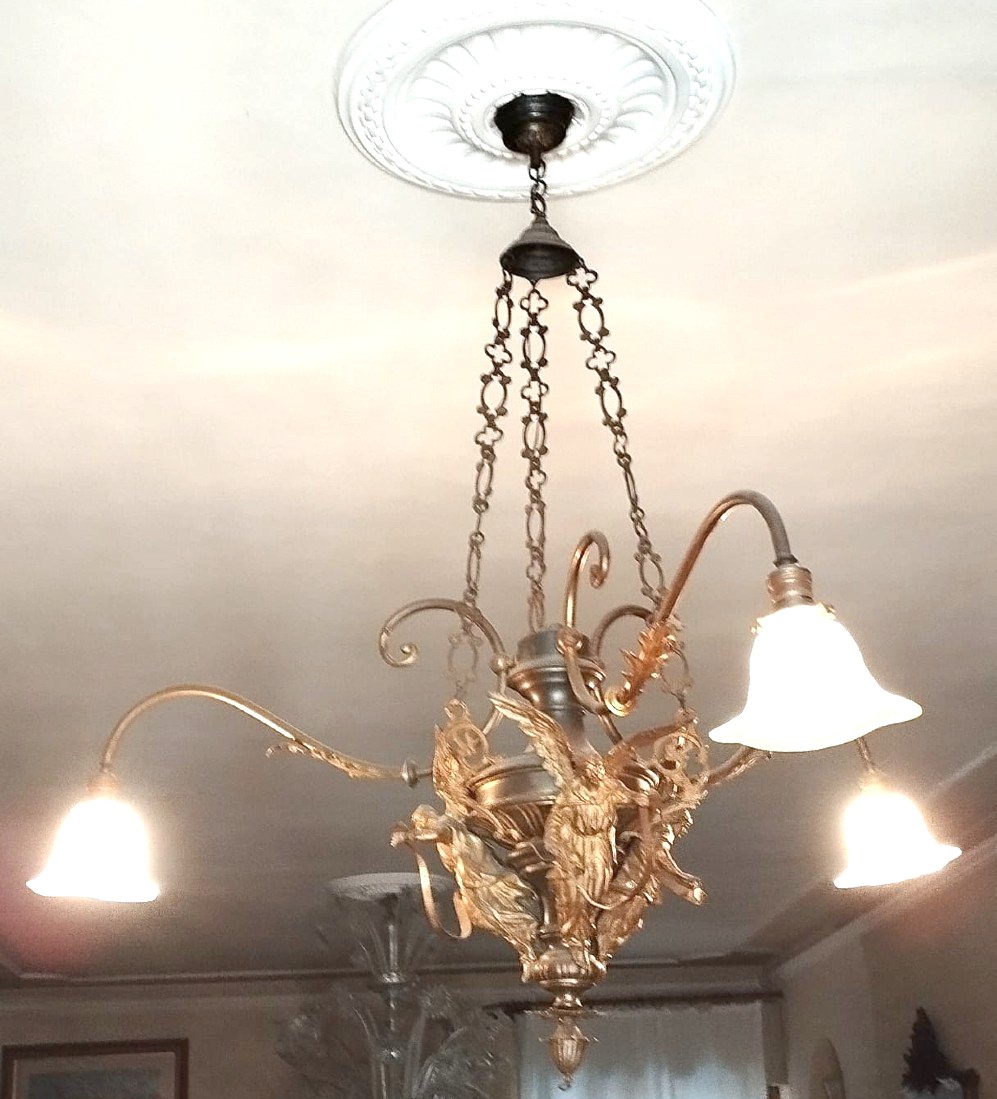 Antico lampadario bronzo con angeli tre luci -photo-3