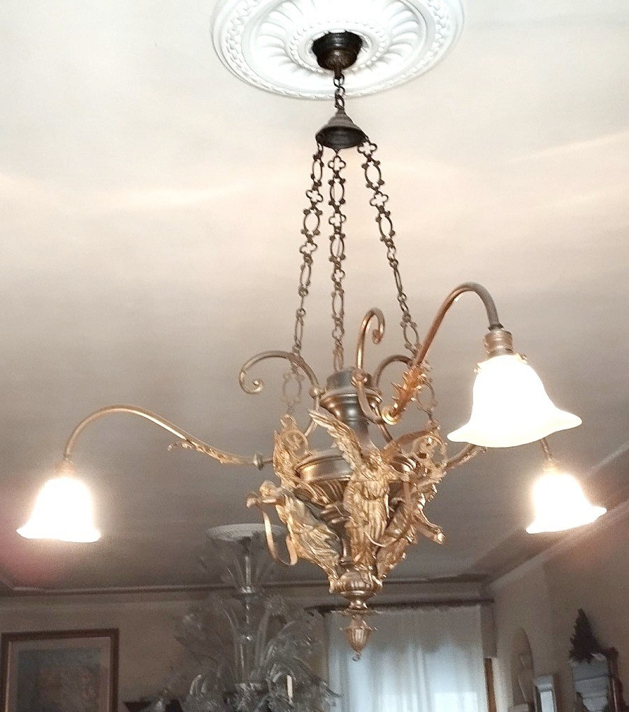 Antico lampadario bronzo con angeli tre luci -photo-4