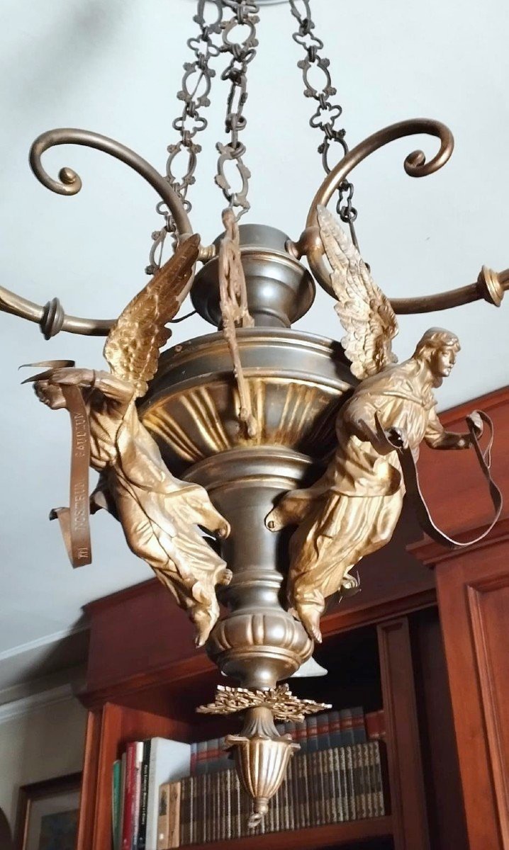 Antico lampadario bronzo con angeli tre luci -photo-3