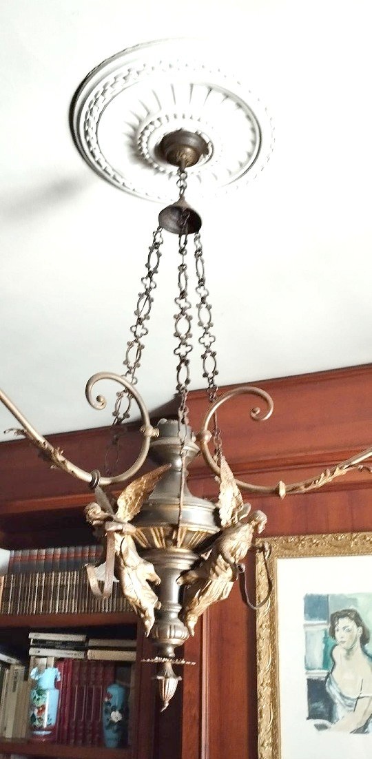Antico lampadario bronzo con angeli tre luci -photo-6