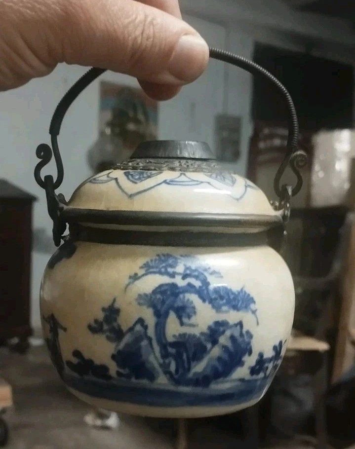 Vaso Ceramica Dipinti Blu Asia Cina Antico Porcellana XIX secolo Pipa Oppio-photo-2