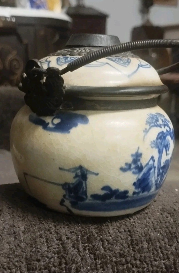 Vaso Ceramica Dipinti Blu Asia Cina Antico Porcellana XIX secolo Pipa Oppio-photo-2