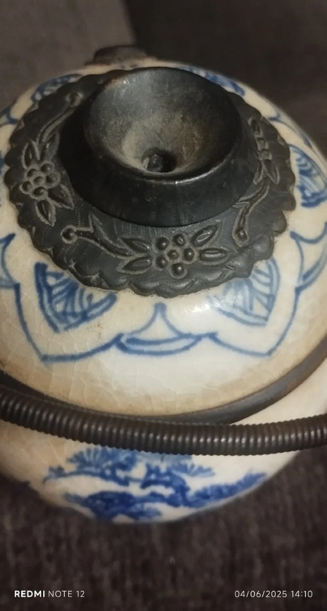 Vaso Ceramica Dipinti Blu Asia Cina Antico Porcellana XIX secolo Pipa Oppio-photo-5
