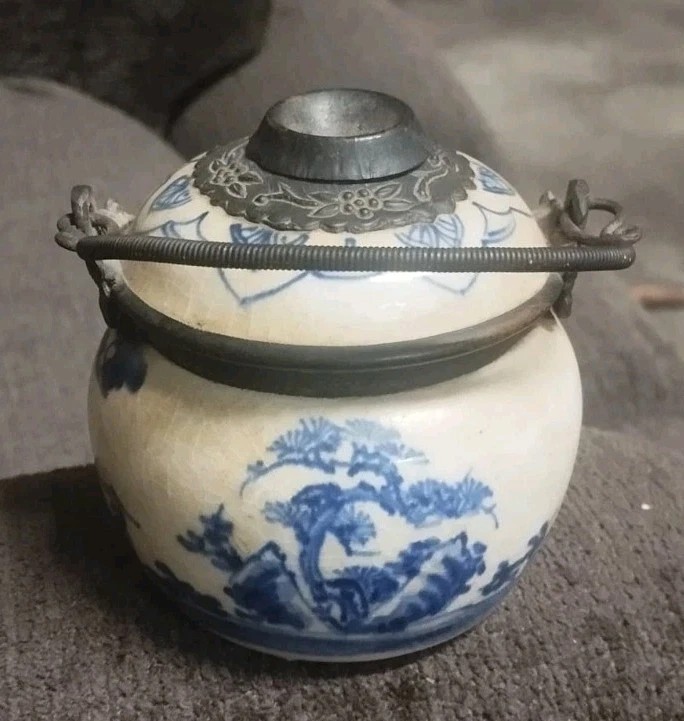 Vaso Ceramica Dipinti Blu Asia Cina Antico Porcellana XIX secolo Pipa Oppio