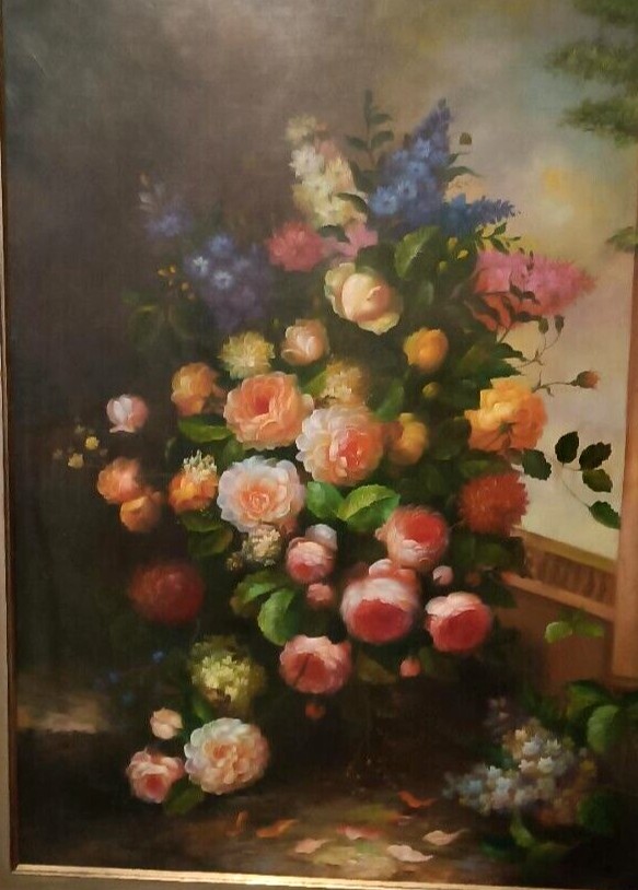 Grande dipinto olio su tela natura morta fiori Arcangelo Monzio Compagnoni-photo-3
