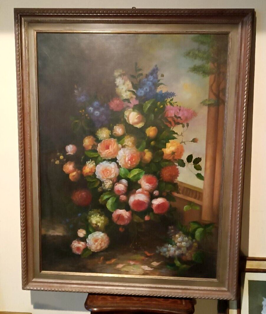 Grande dipinto olio su tela natura morta fiori Arcangelo Monzio Compagnoni
