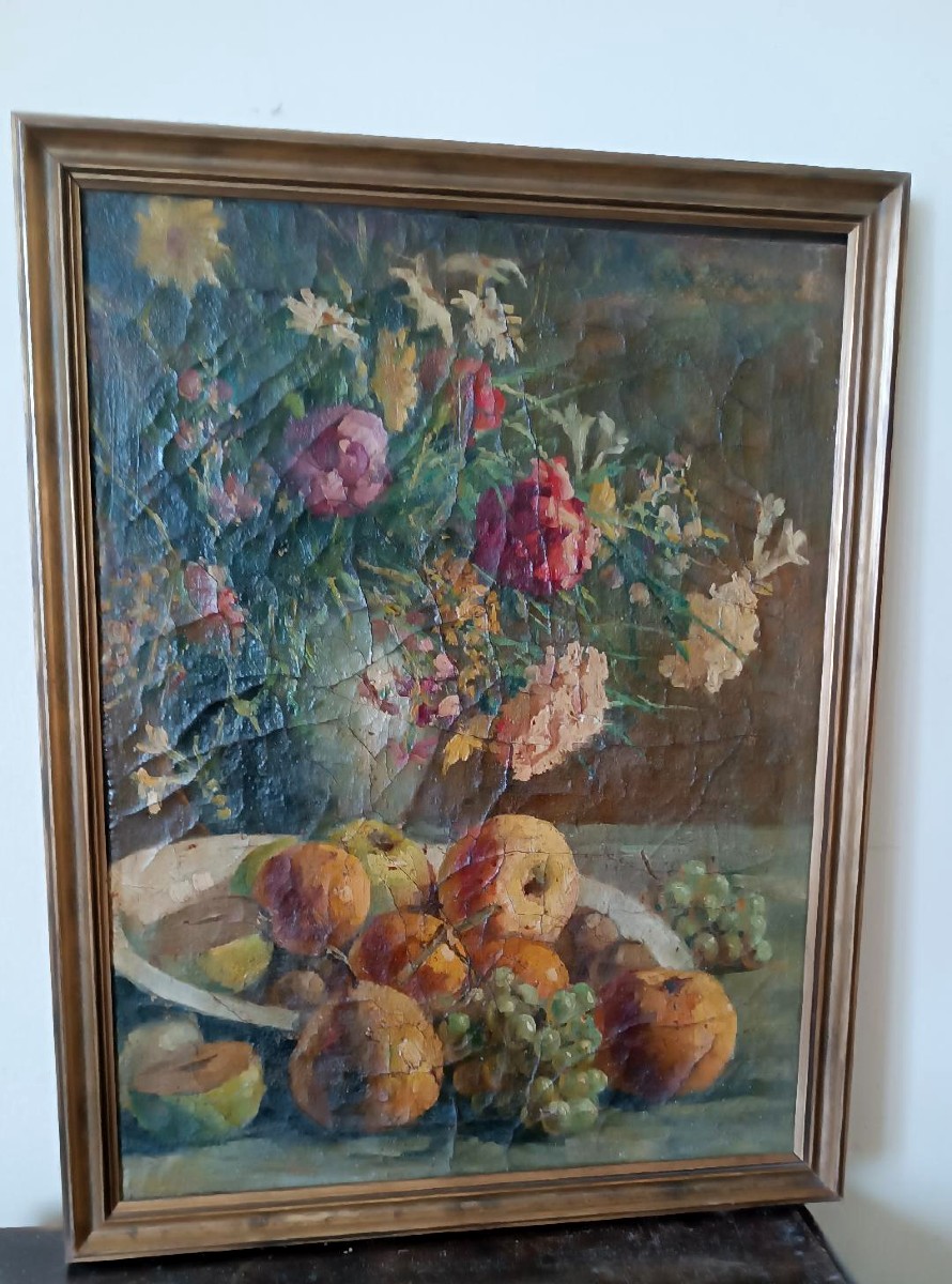 Dipinto ad olio su tela del XIX secolo, vaso di frutta con fiori-photo-2