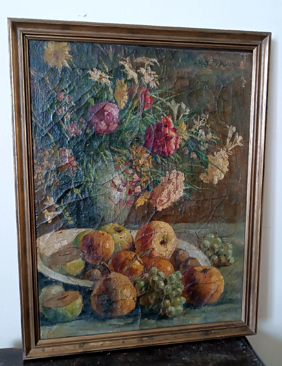 Dipinto ad olio su tela del XIX secolo, vaso di frutta con fiori-photo-3
