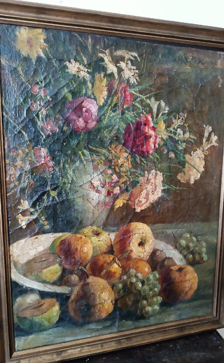 Dipinto ad olio su tela del XIX secolo, vaso di frutta con fiori-photo-4