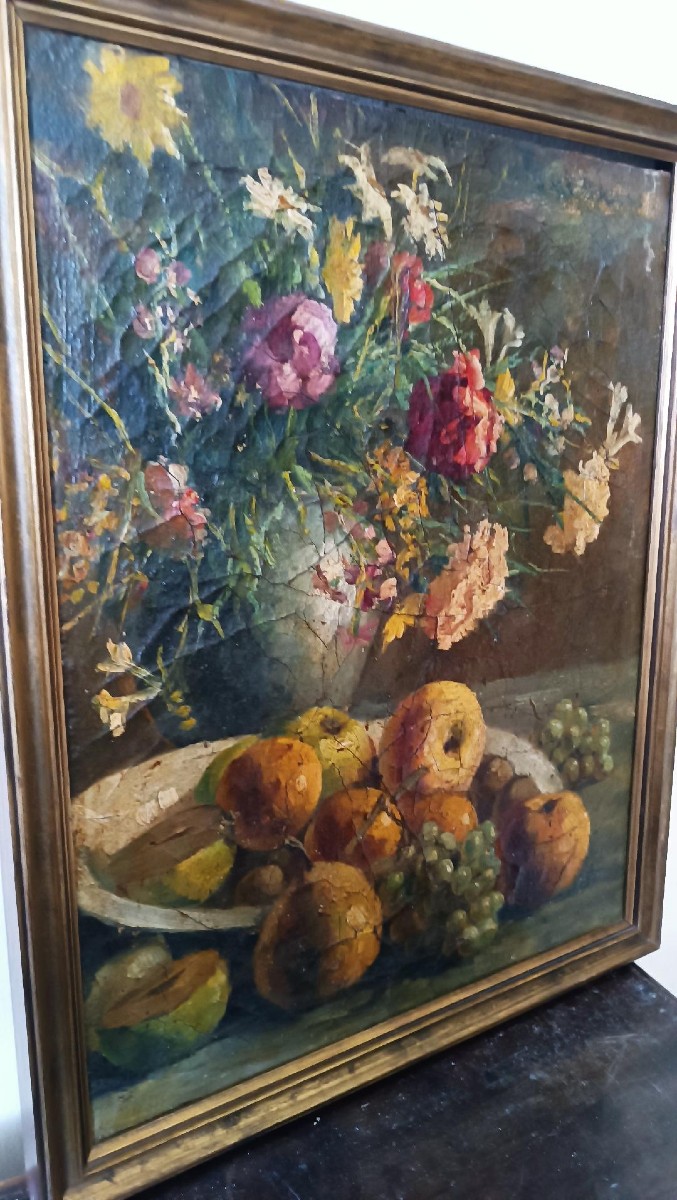 Dipinto ad olio su tela del XIX secolo, vaso di frutta con fiori-photo-1