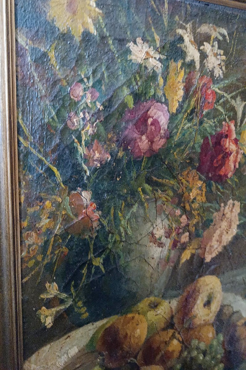 Dipinto ad olio su tela del XIX secolo, vaso di frutta con fiori-photo-2