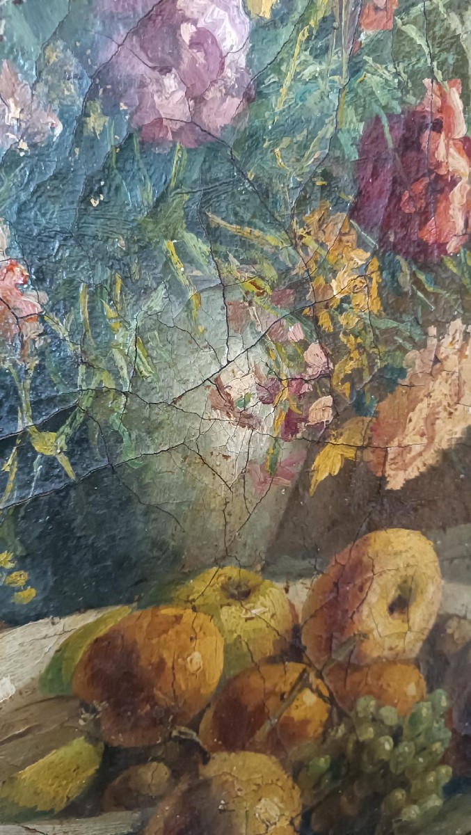 Dipinto ad olio su tela del XIX secolo, vaso di frutta con fiori-photo-3