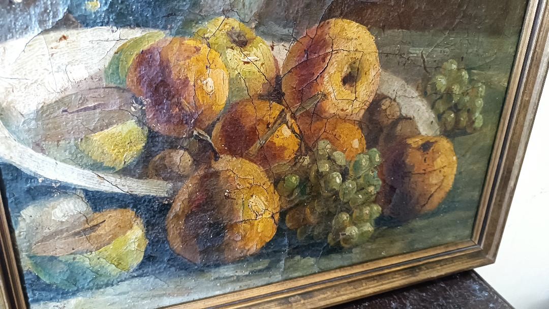 Dipinto ad olio su tela del XIX secolo, vaso di frutta con fiori-photo-4
