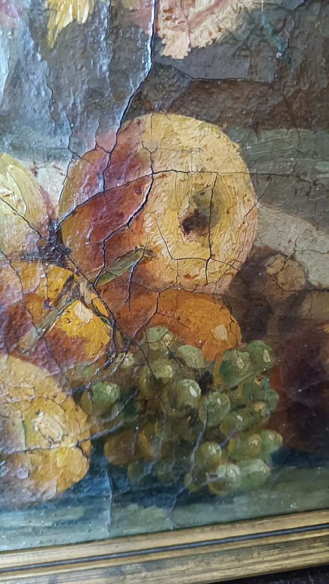 Dipinto ad olio su tela del XIX secolo, vaso di frutta con fiori-photo-6
