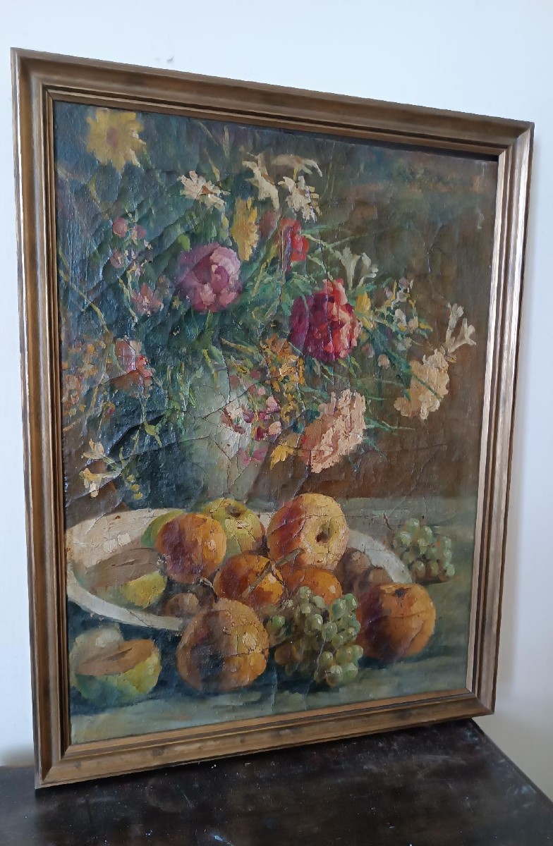 Dipinto ad olio su tela del XIX secolo, vaso di frutta con fiori