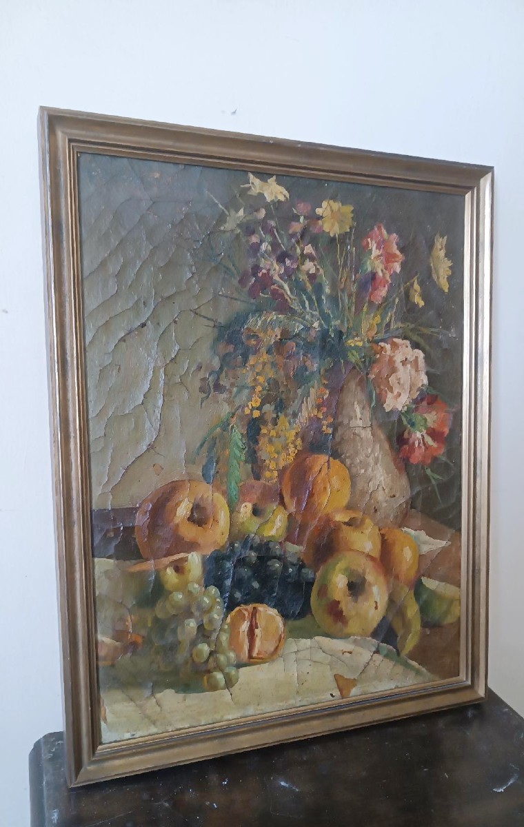 Dipinto ad olio su tela del XIX secolo, vaso di frutta con fiori-photo-2