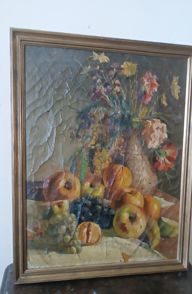 Dipinto ad olio su tela del XIX secolo, vaso di frutta con fiori-photo-3