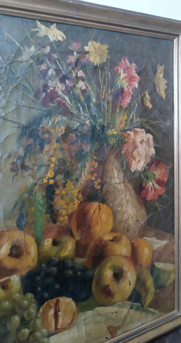 Dipinto ad olio su tela del XIX secolo, vaso di frutta con fiori-photo-4