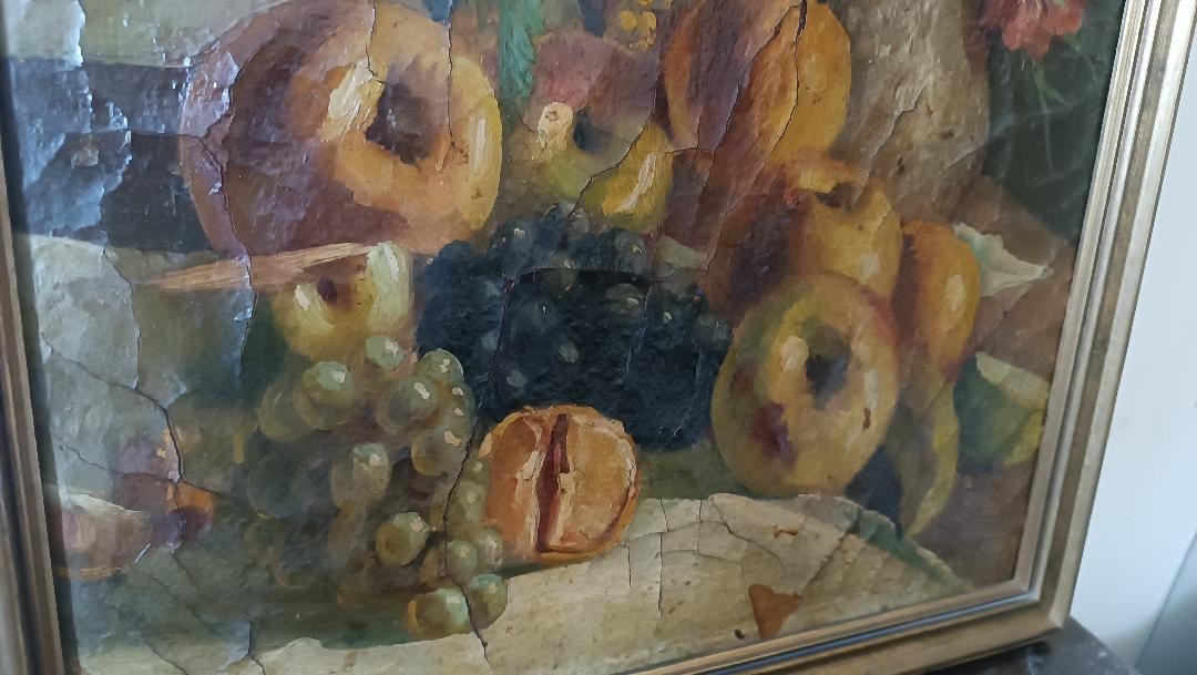 Dipinto ad olio su tela del XIX secolo, vaso di frutta con fiori-photo-2