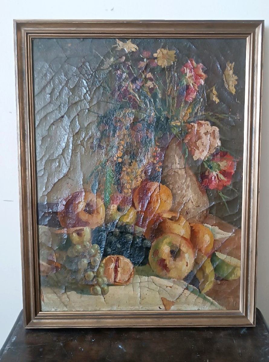 Dipinto ad olio su tela del XIX secolo, vaso di frutta con fiori