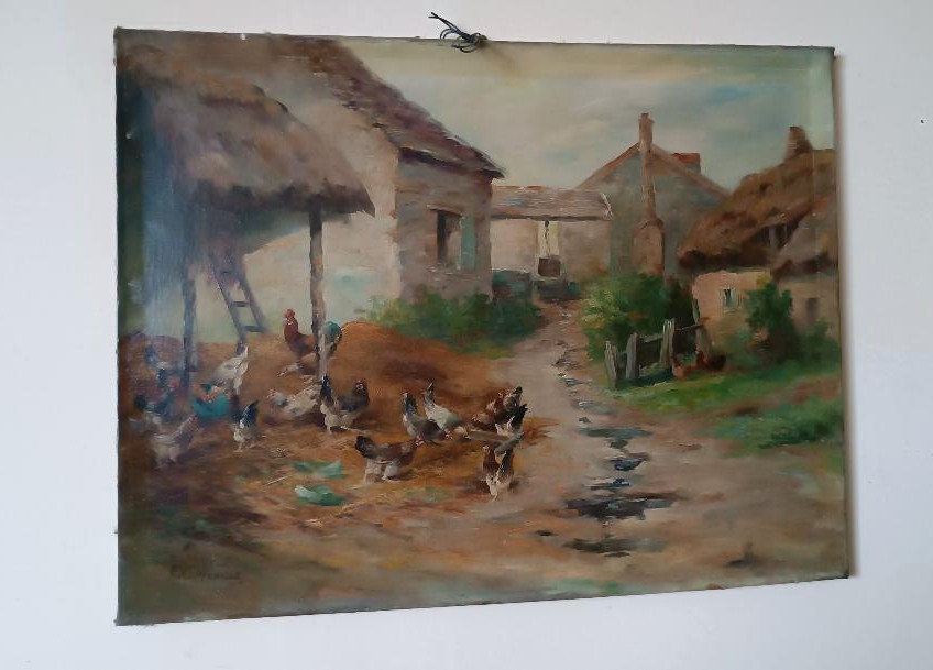 Dipinto olio su tela Edmond Van Coppenolle (1846-1914) Paesaggio Con Galline-photo-2