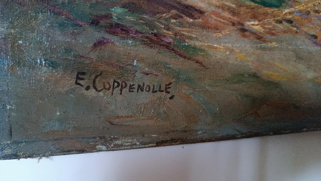 Dipinto olio su tela Edmond Van Coppenolle (1846-1914) Paesaggio Con Galline-photo-3