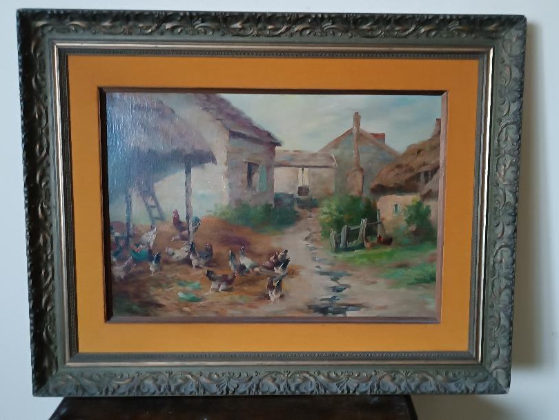 Dipinto olio su tela Edmond Van Coppenolle (1846-1914) Paesaggio Con Galline-photo-4