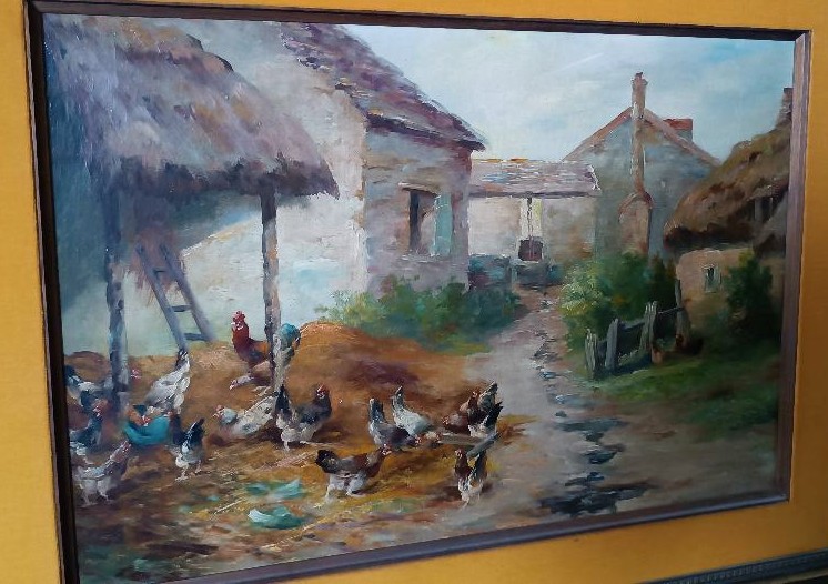 Dipinto olio su tela Edmond Van Coppenolle (1846-1914) Paesaggio Con Galline-photo-1