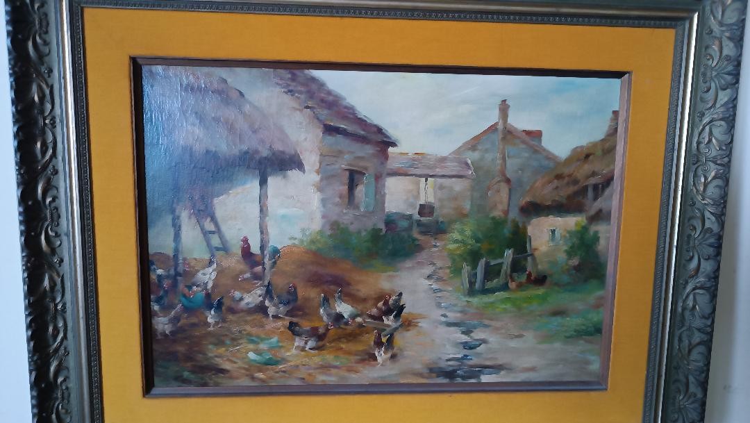 Dipinto olio su tela Edmond Van Coppenolle (1846-1914) Paesaggio Con Galline-photo-2