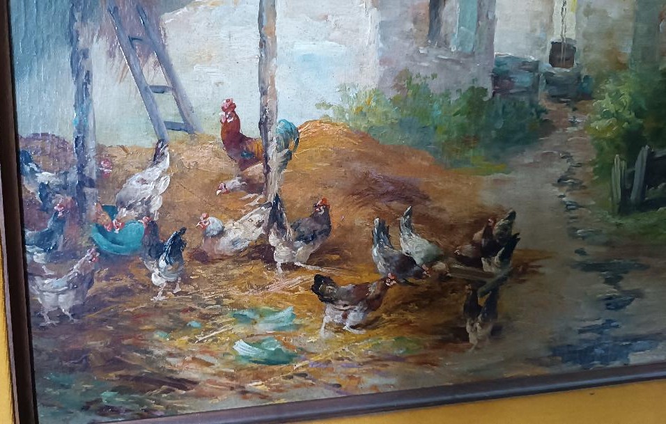 Dipinto olio su tela Edmond Van Coppenolle (1846-1914) Paesaggio Con Galline-photo-3