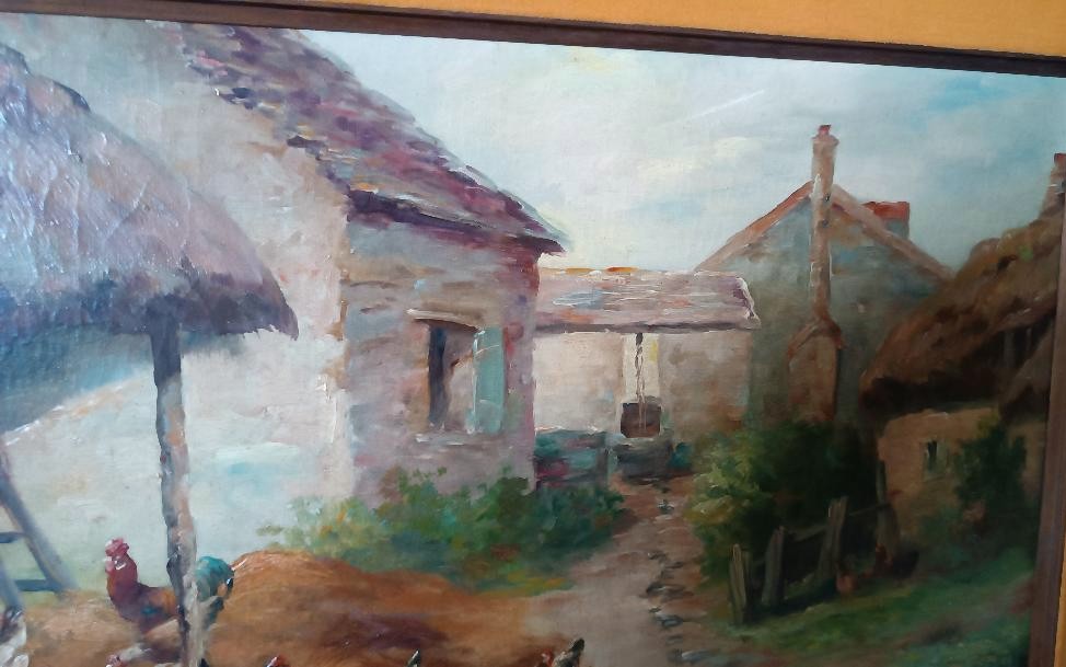 Dipinto olio su tela Edmond Van Coppenolle (1846-1914) Paesaggio Con Galline-photo-4