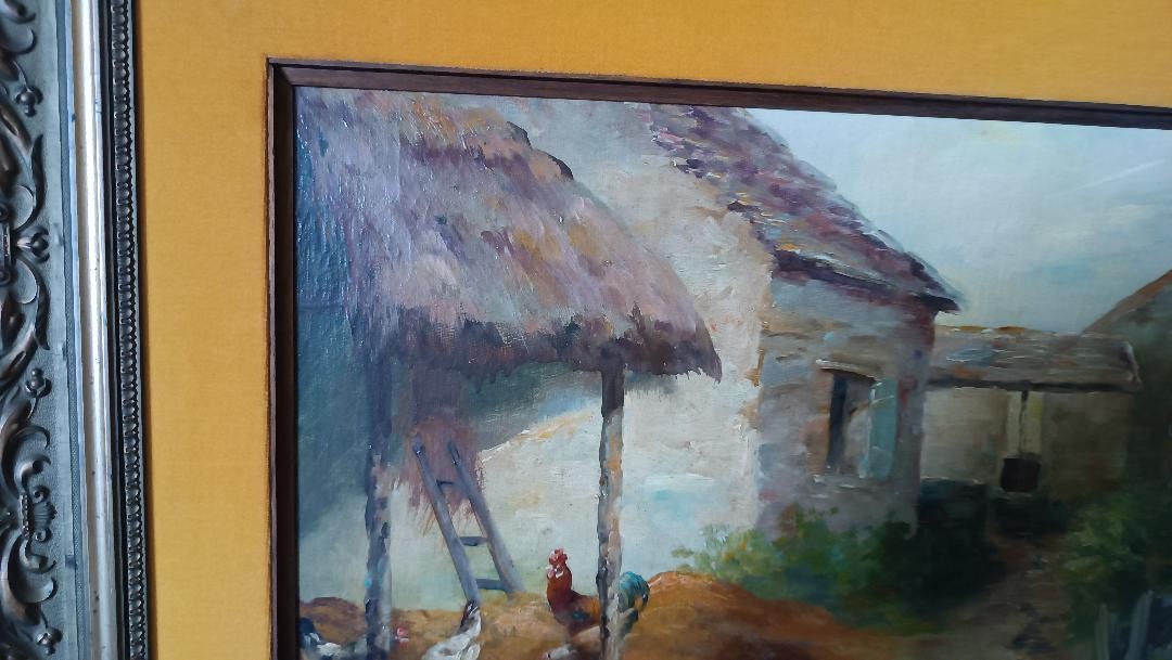 Dipinto olio su tela Edmond Van Coppenolle (1846-1914) Paesaggio Con Galline-photo-5
