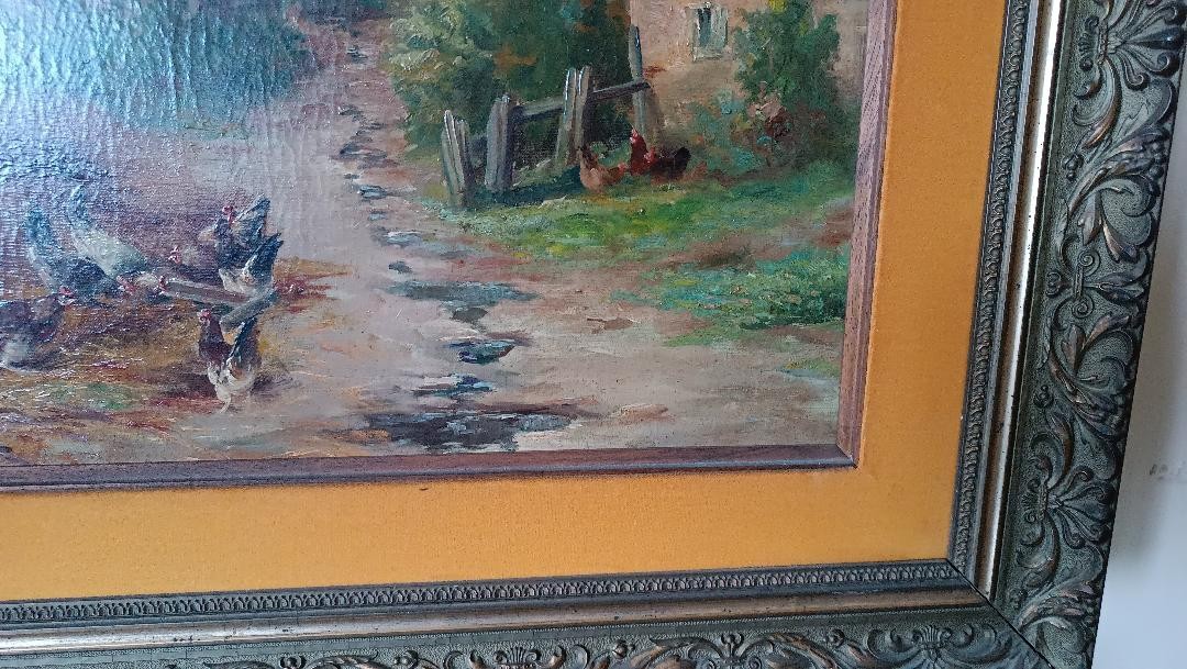 Dipinto olio su tela Edmond Van Coppenolle (1846-1914) Paesaggio Con Galline-photo-6