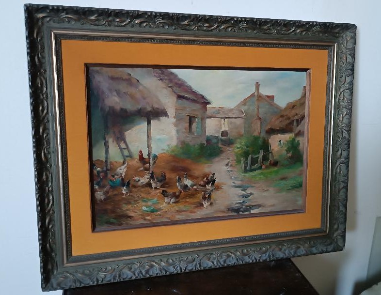 Dipinto olio su tela Edmond Van Coppenolle (1846-1914) Paesaggio Con Galline-photo-8
